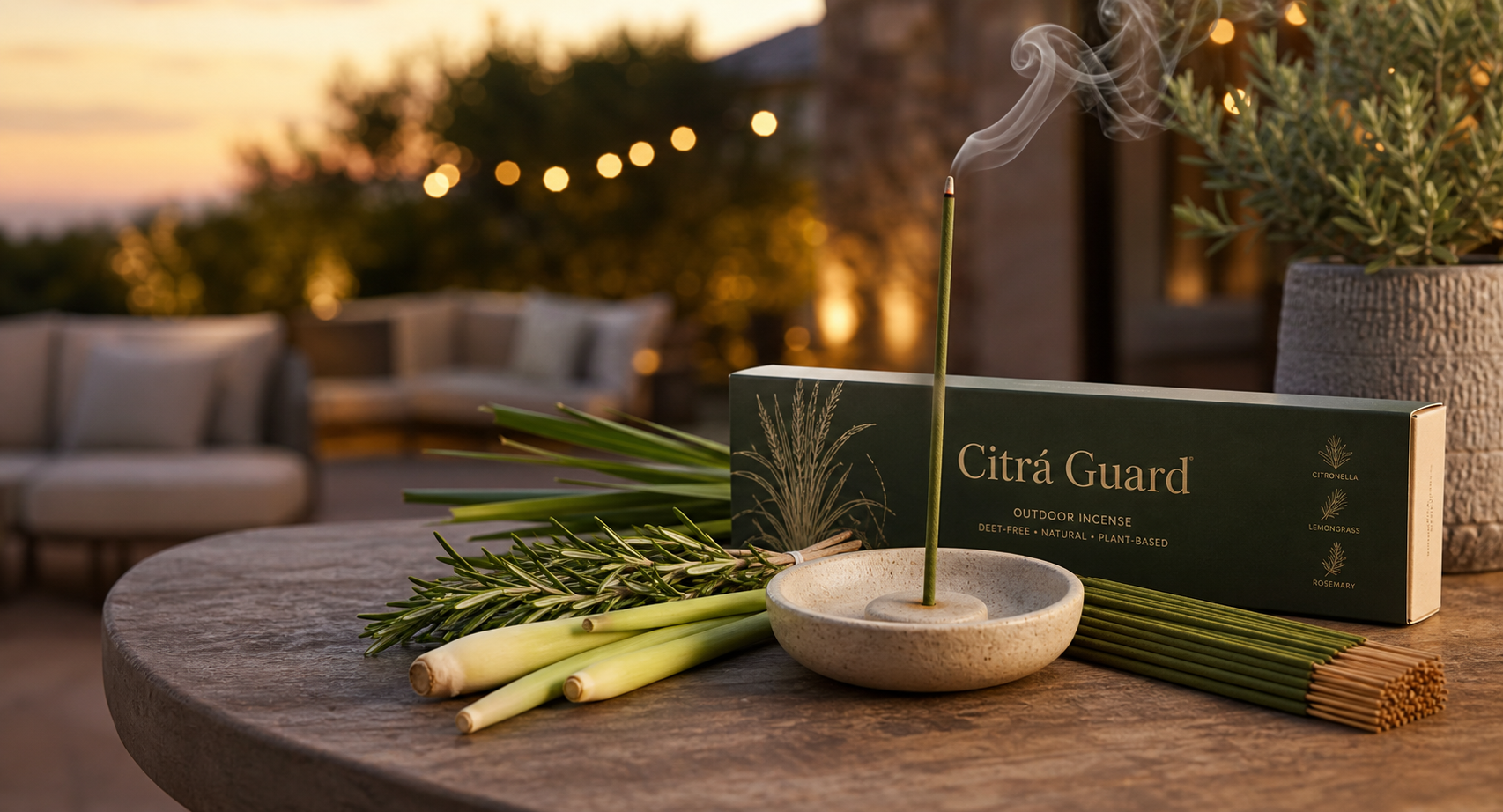 Citrá Guard incense burning in a ceramic holder on a twilight patio